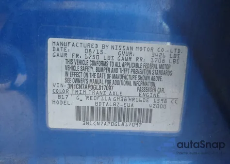 2016 Nissan Versa 1.6 S/1.6 S+/1.6 Sl/1.6 Sv from USA, damaged, VIN 3N1CN7AP0GL817097